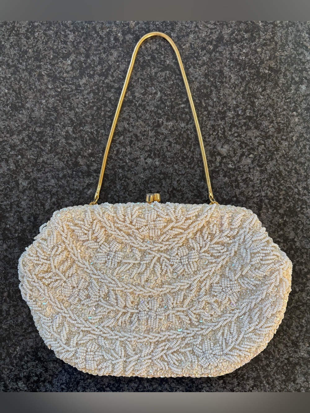 Vintage La Regale Ltd Ivory Beaded Clutch With Gold Chain Strap
